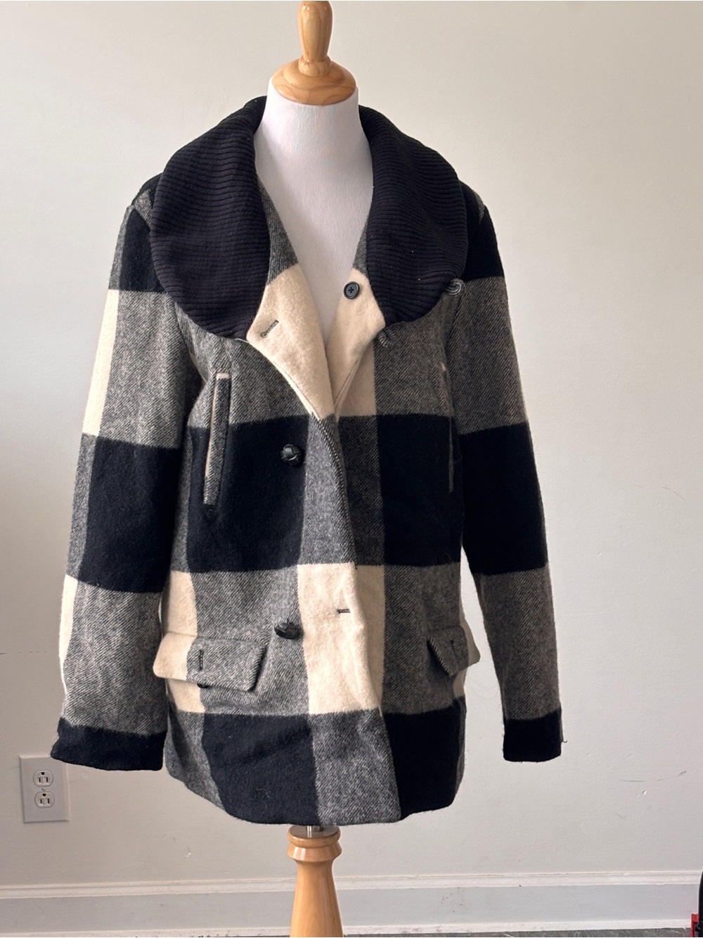 Opening Ceremony Black, Gray & Cream Plaid Pea Coat